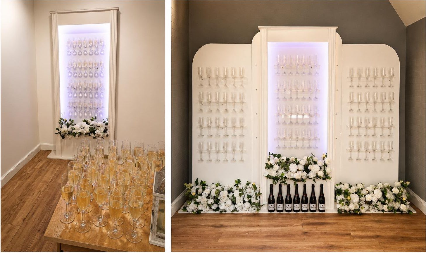 Two of our prosecco walls, a single lit panel of champagne flutes with a tray of filled glasses in front, and a larger three-panel wall with white flowers and bottles along its base